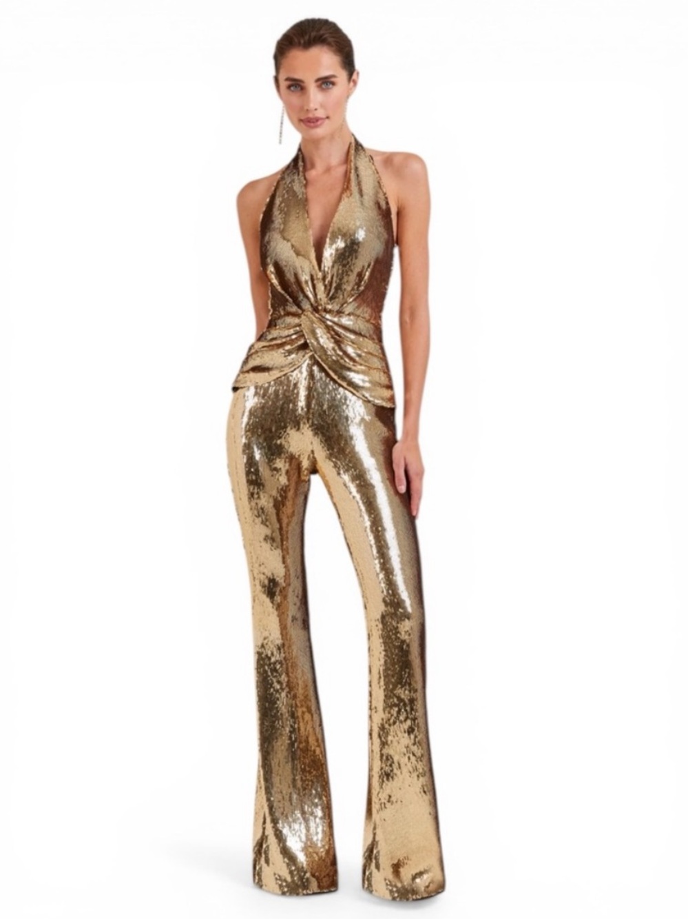 Nadine Merabi Tianna Gold Sequin Jumpsuit